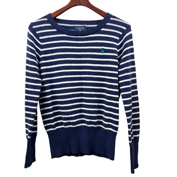 Vintage US Polo Womens Sweater Sz M Navy Preppy Striped Nautical Grunge Money - Picture 1 of 7
